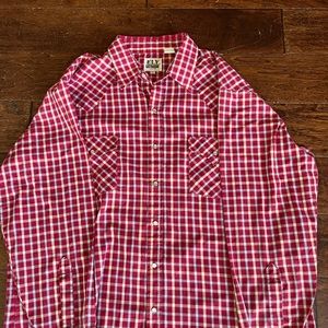 ELY Cattleman vintage, long sleeve, pearl snap red plaid shirt. Extra large.